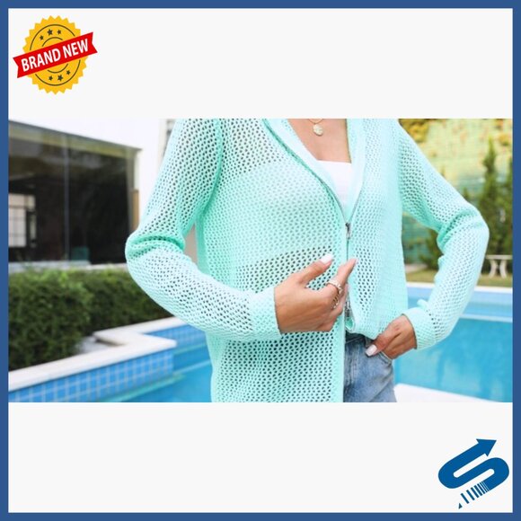 Crochet Zip Up Hooded Cardigan Long Sleeve Mesh Beach Cover Up - Picture 6 of 6